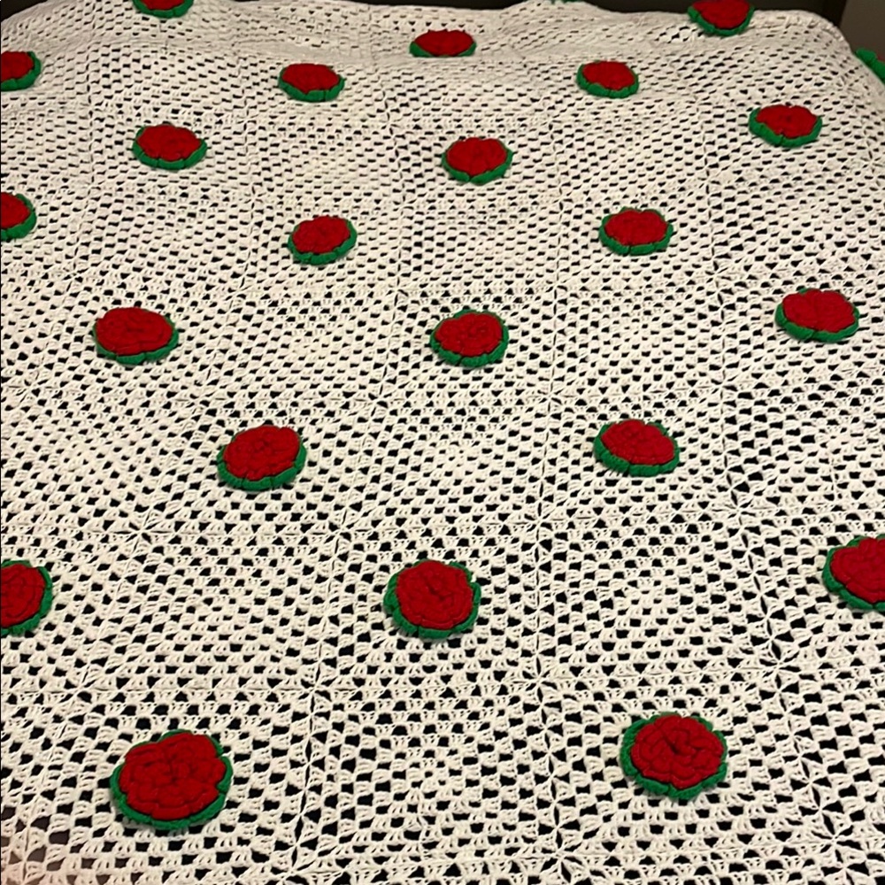 Bohemian King Size Granny Square Crochet Blanket with Red Rose Flower Accents - Picture 2 of 6